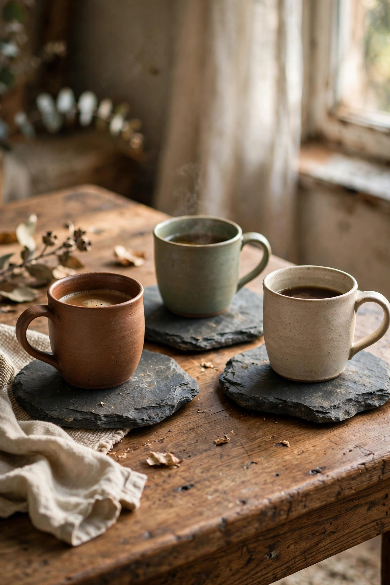 Handmade slate stone coasters under mugs on a coffee table