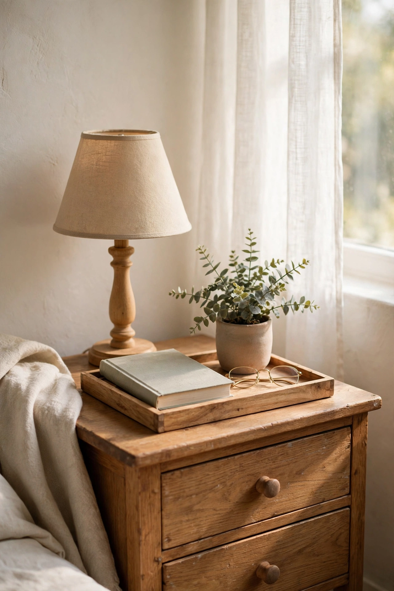 Small wooden tray styled with lamp plant and book on nightstand