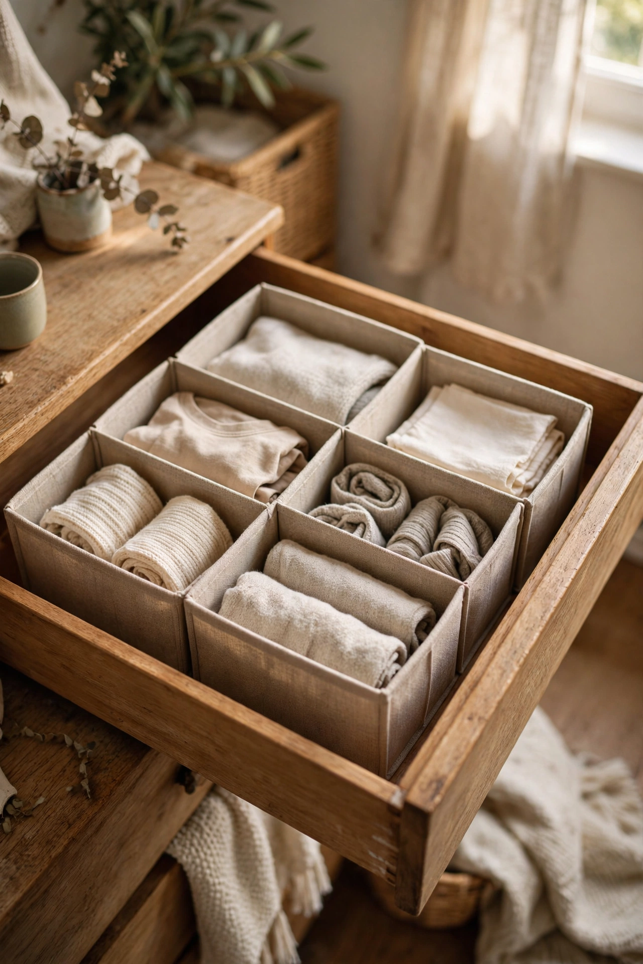 Drawer with fabric-covered cardboard organisers neatly arranged