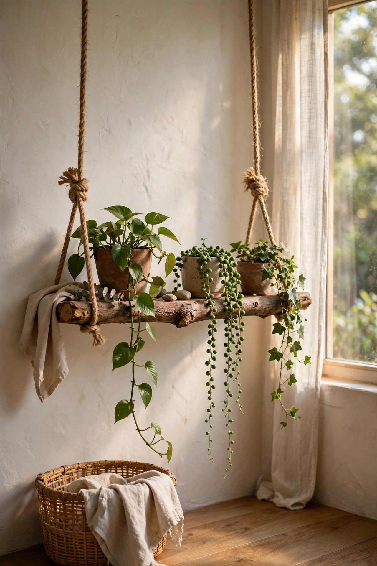 Sturdy branch shelf hung with jute rope holding trailing plants