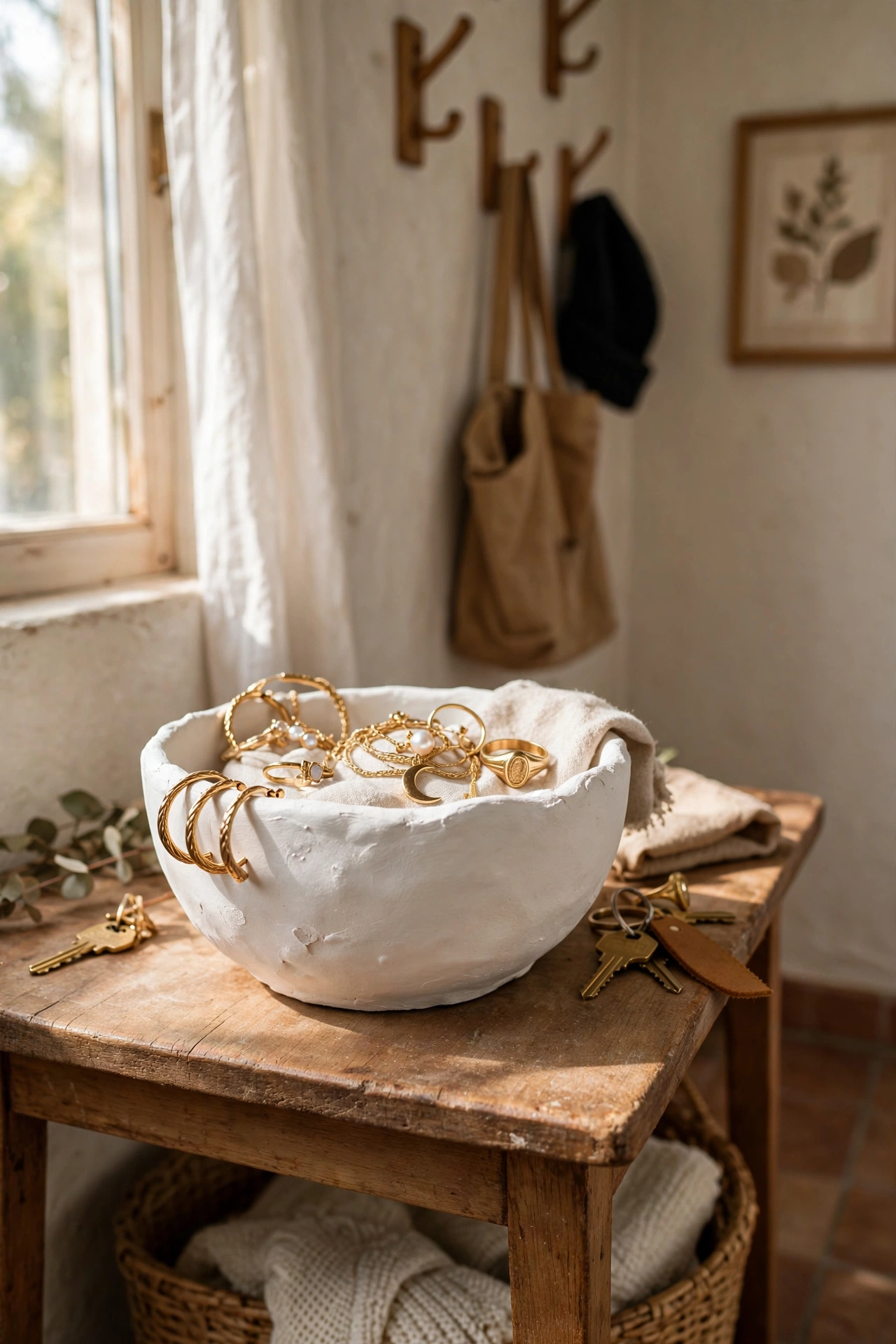 Handmade air-dry clay bowl painted matte white holding jewellery