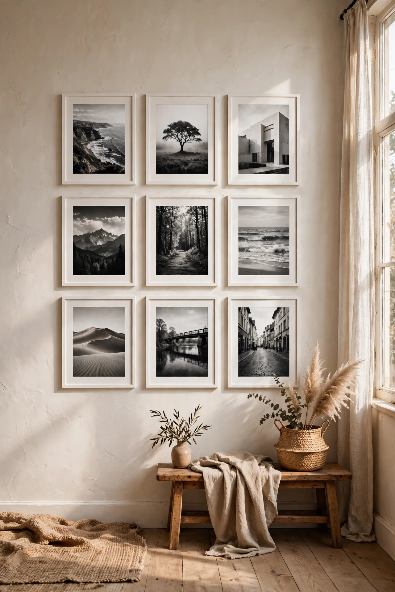 Three-by-three grid of black and white photos in white frames