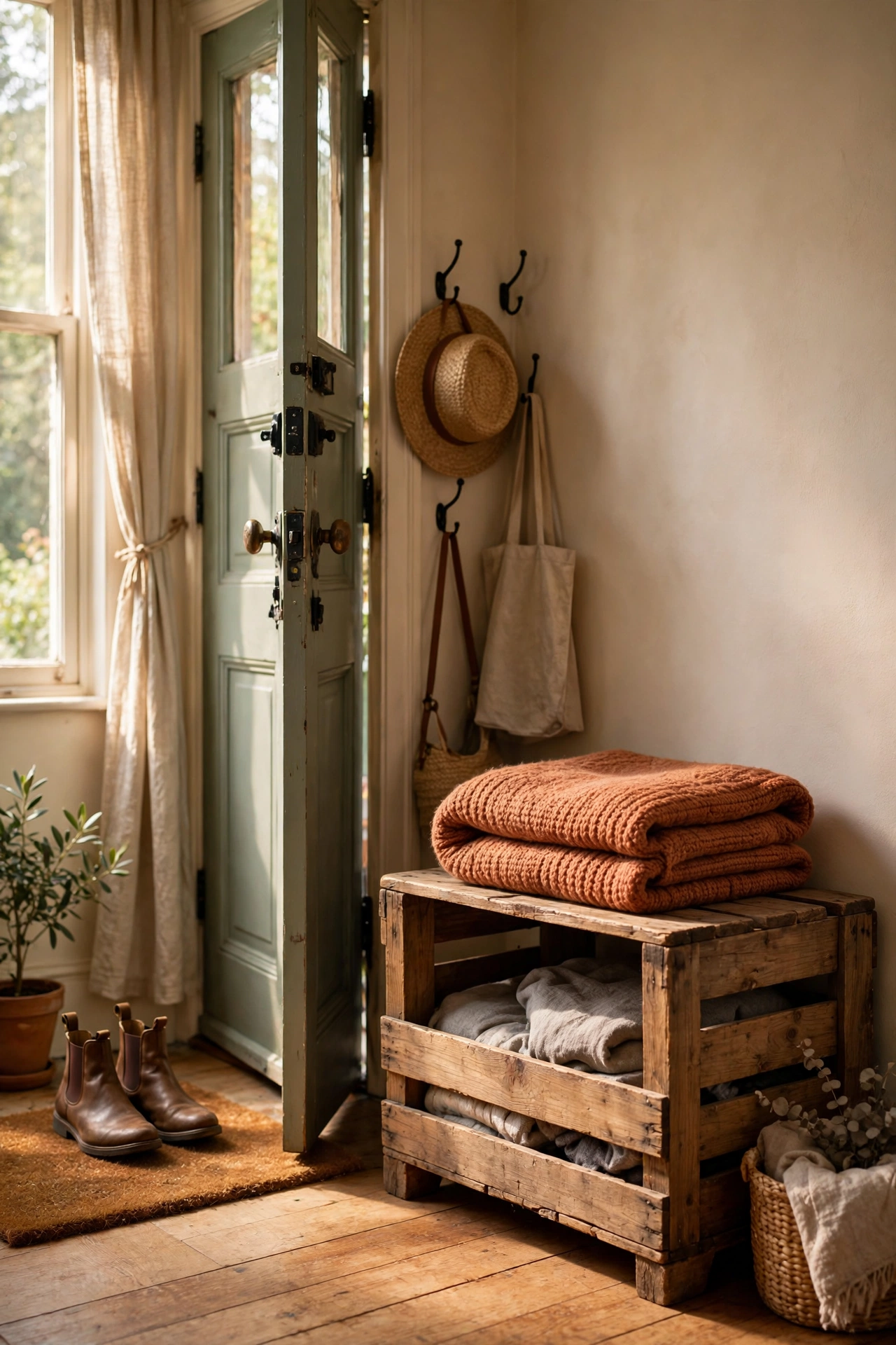 Wooden crate turned storage bench with throw cushion by the door