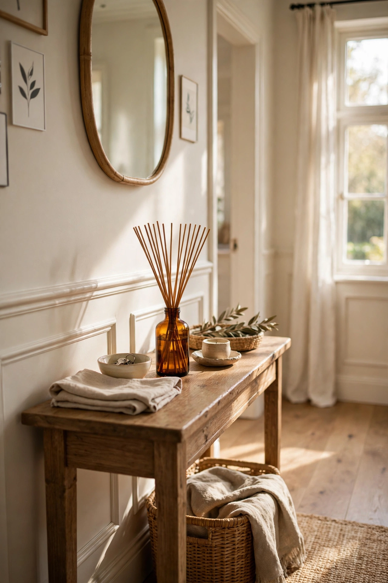 Amber glass bottle reed diffuser with eucalyptus in a hallway