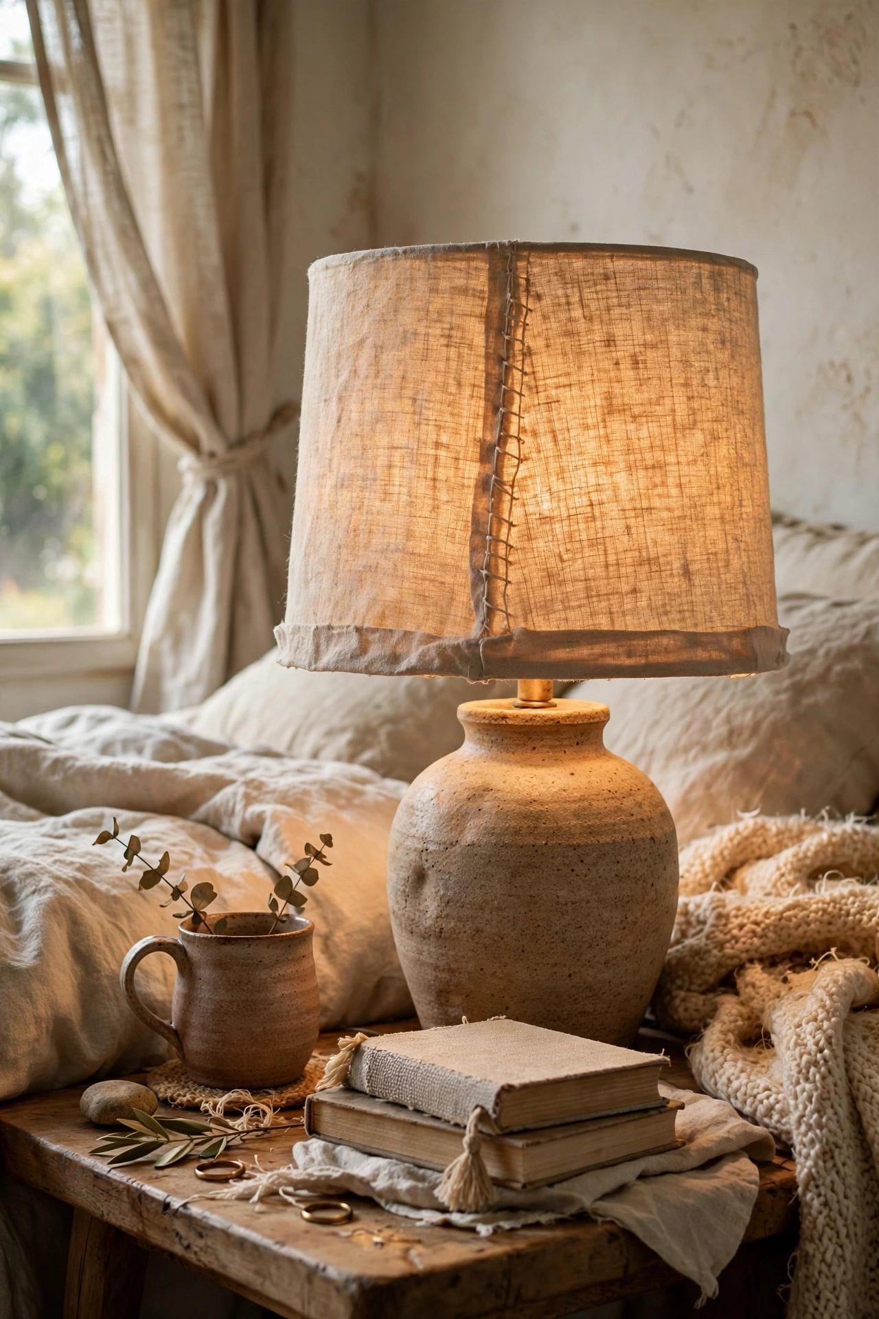 Drum lampshade recovered in natural linen on a bedside table