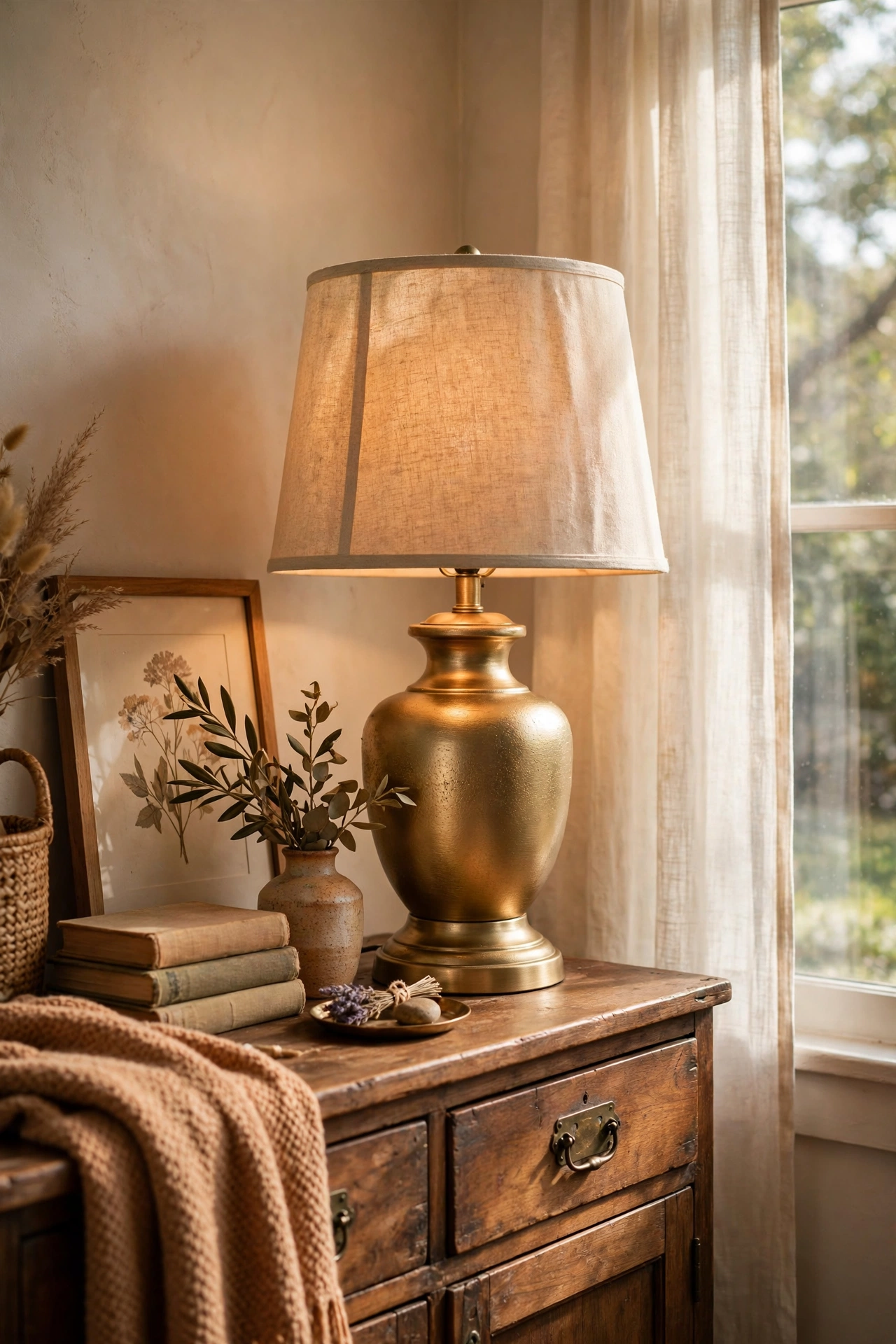Thrifted lamp spray painted in brushed brass on a sideboard