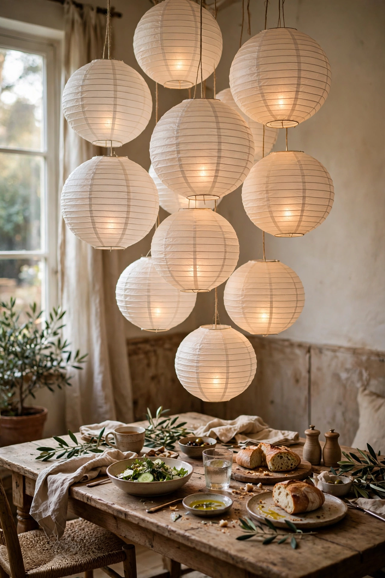Cluster of white paper lanterns hanging at different heights