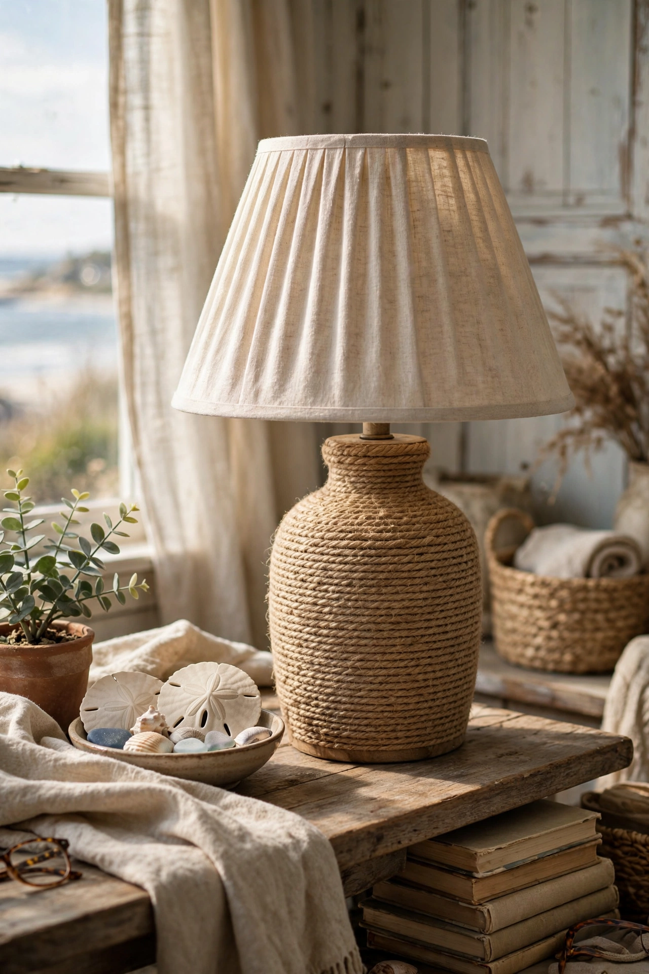 Lamp base tightly wrapped in natural jute twine