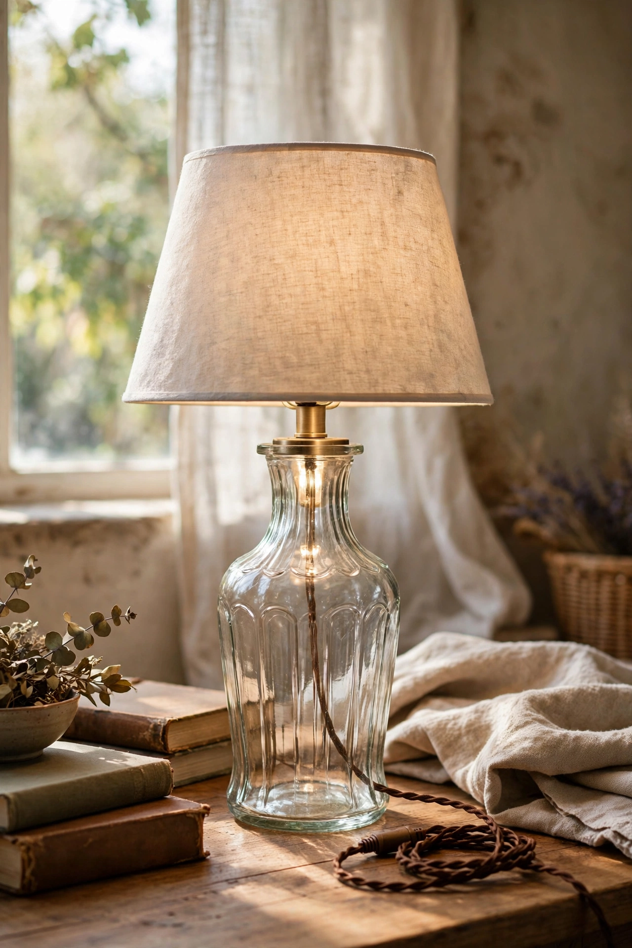 Charity shop vase converted into a lamp with a simple shade