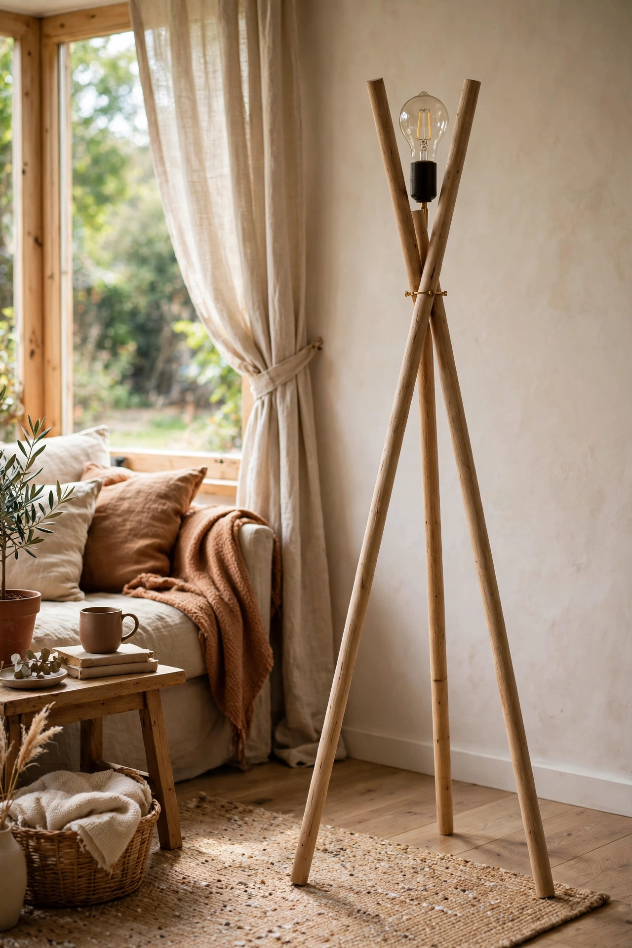Minimalist tripod lamp made from three wooden dowels
