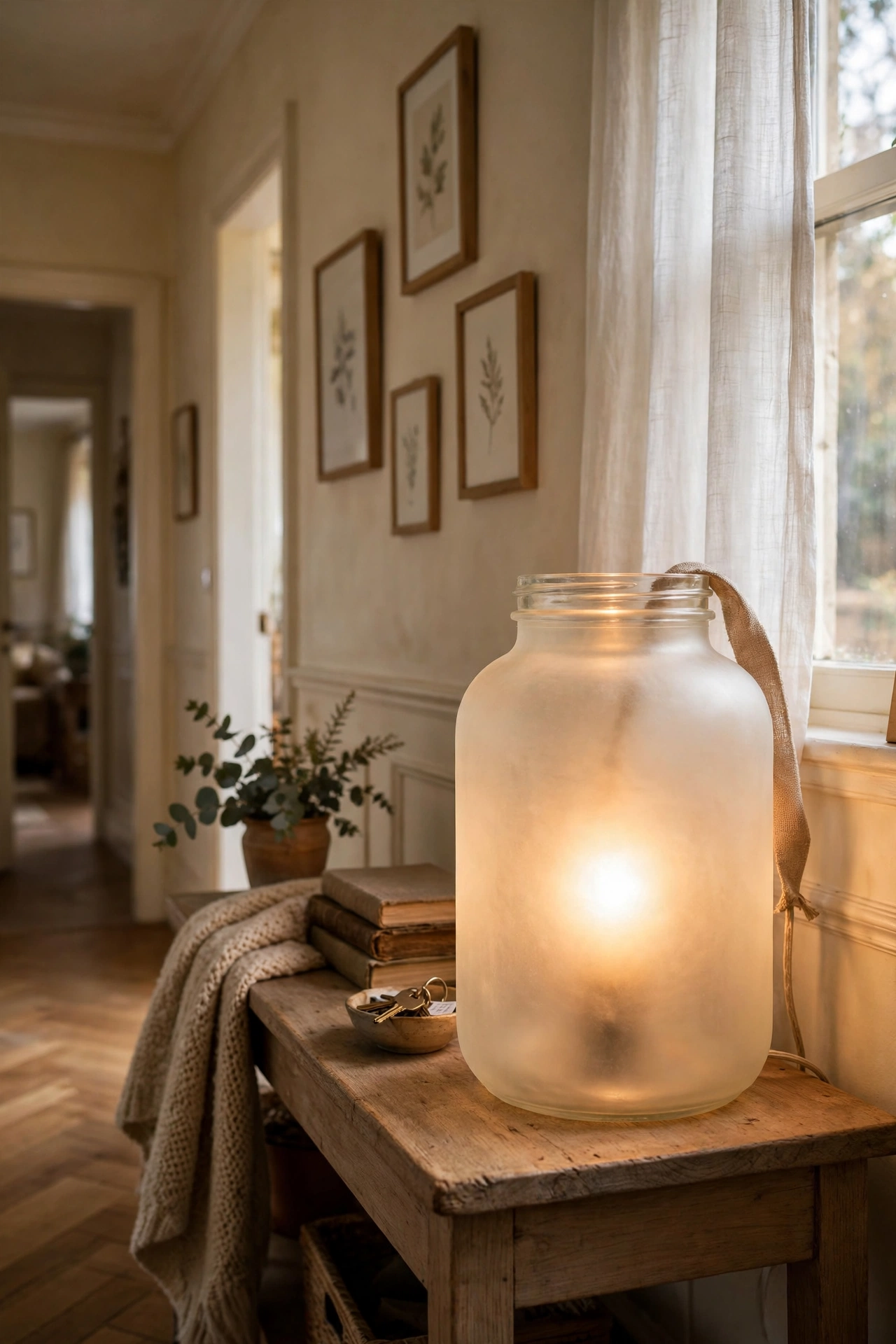 Frosted glass jar lamp glowing softly on a hallway console
