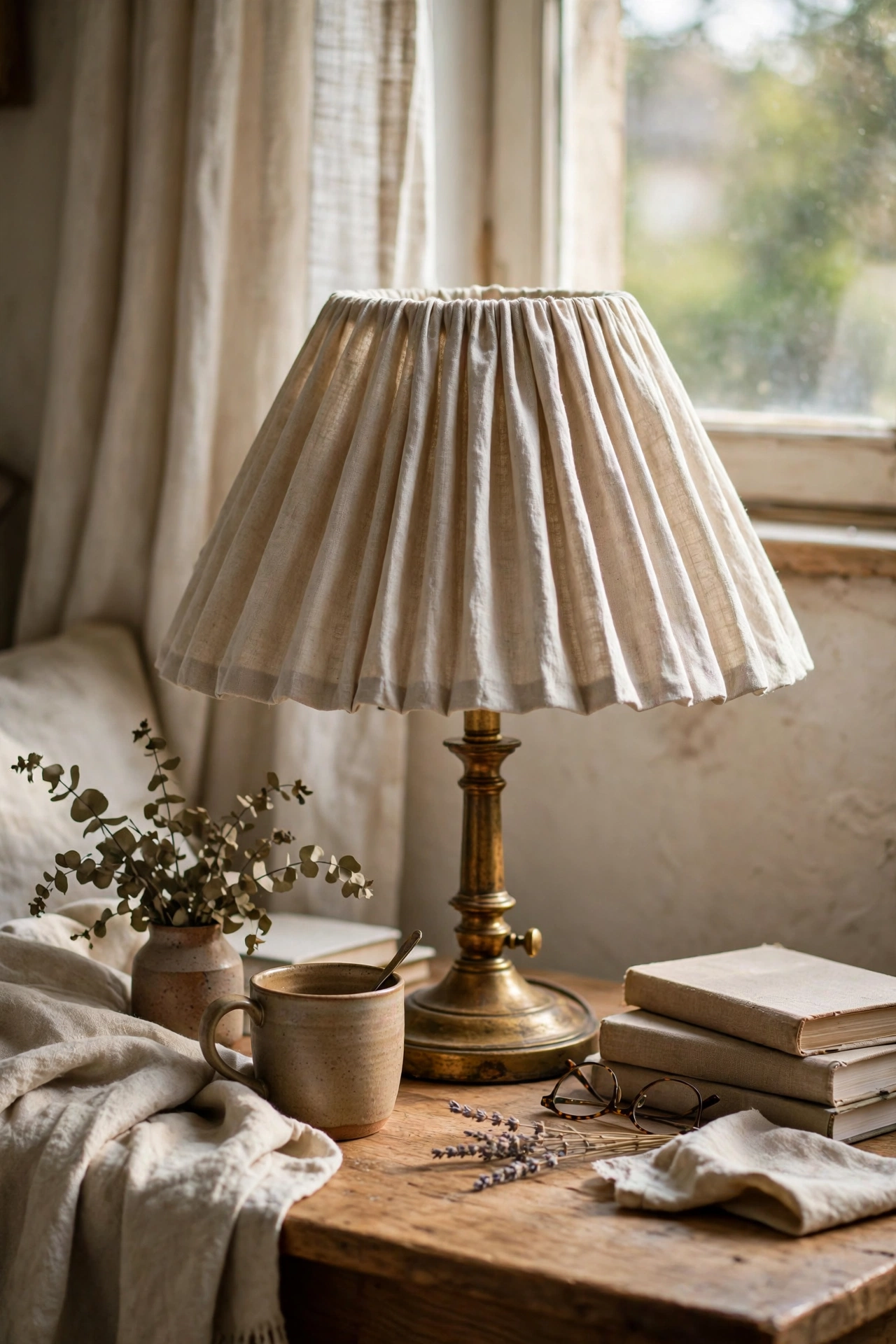 Handmade pleated fabric lampshade casting patterned light
