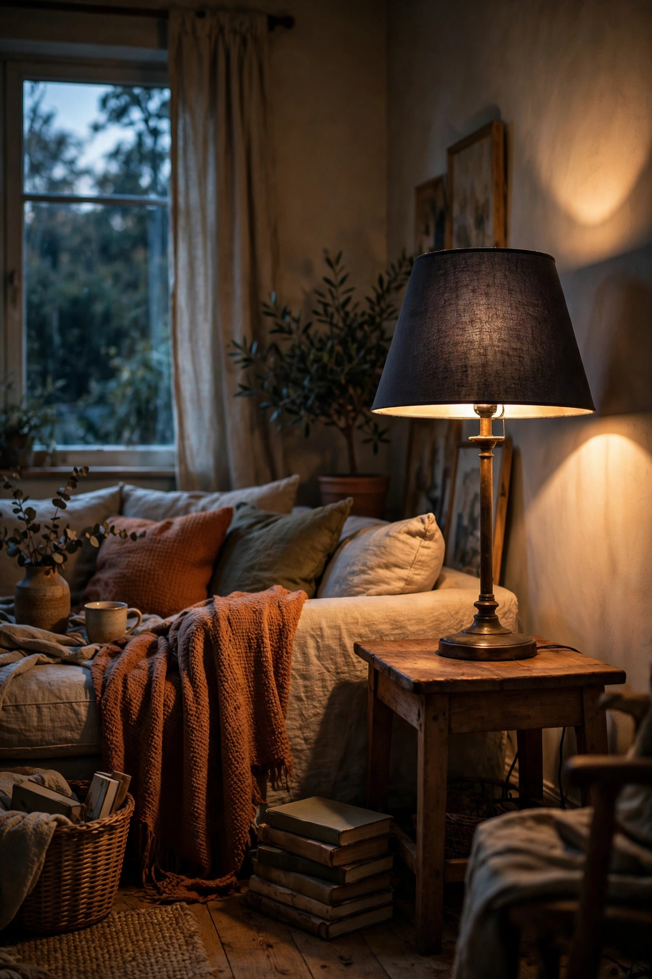 Table lamp with deep charcoal shade creating moody evening light