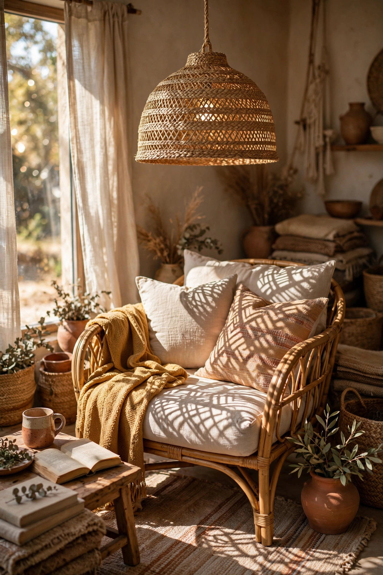 Woven seagrass basket used as a pendant shade over a chair