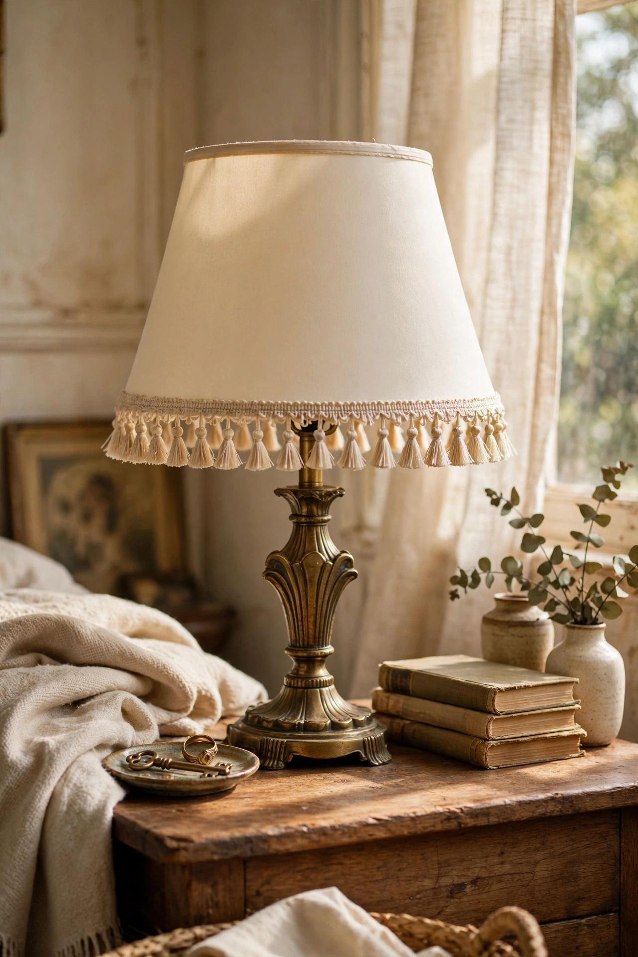 Cream lampshade trimmed with tassel fringe around the edge