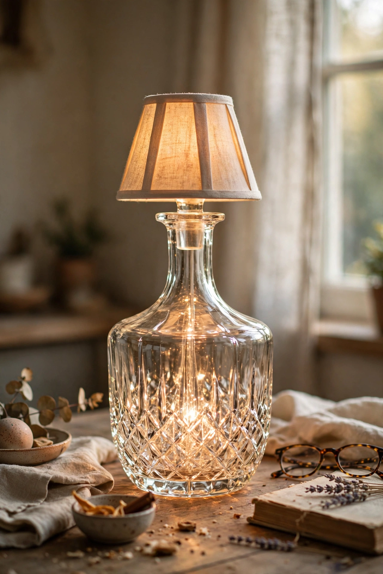 Glass decanter converted into an elegant small lamp