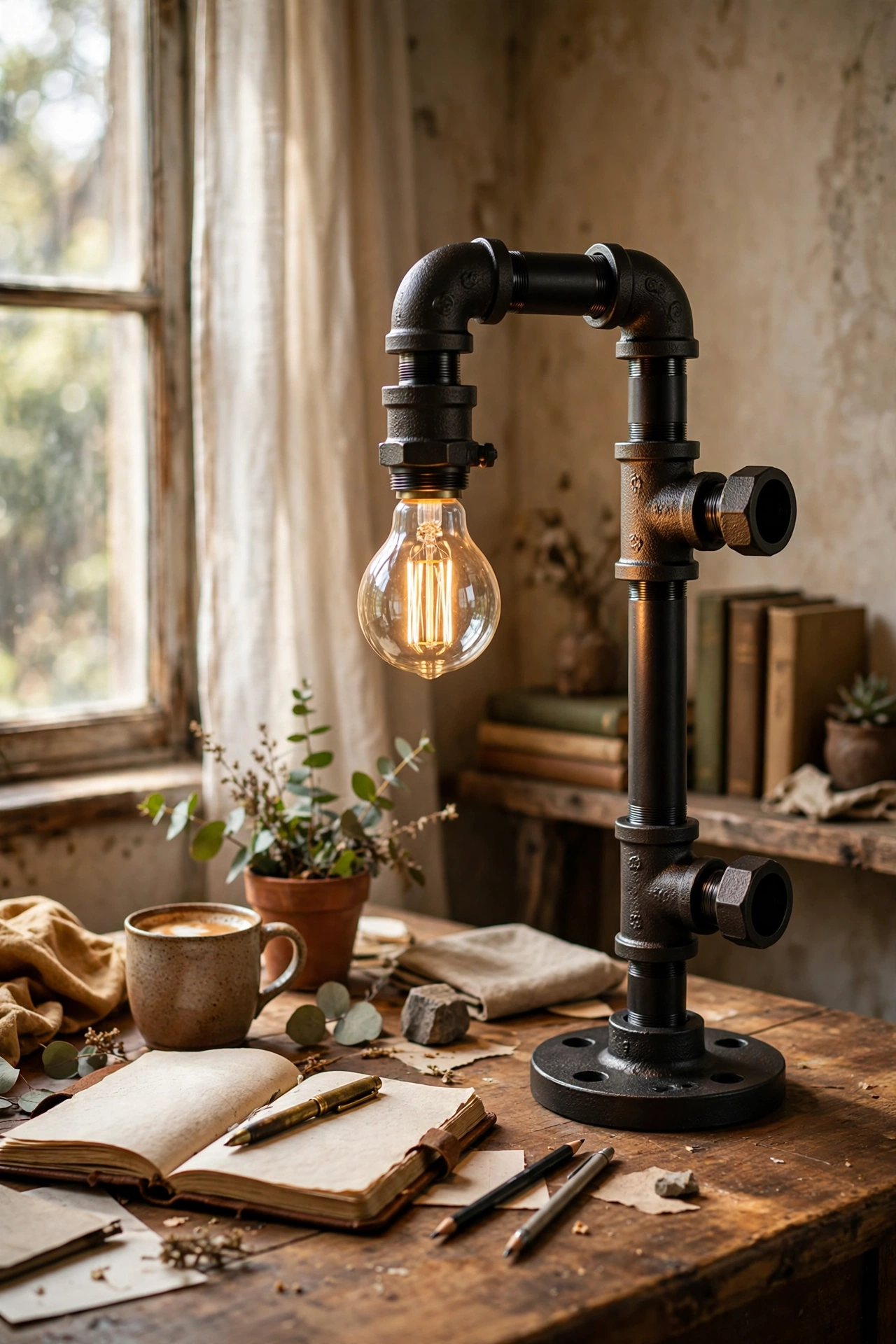 Industrial lamp built from black plumbing pipe fittings
