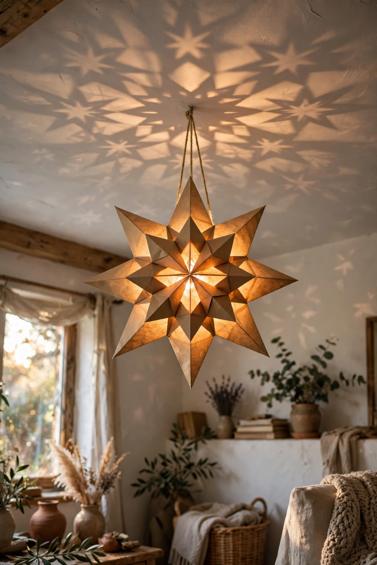 Origami paper star pendant lantern casting ceiling shadows