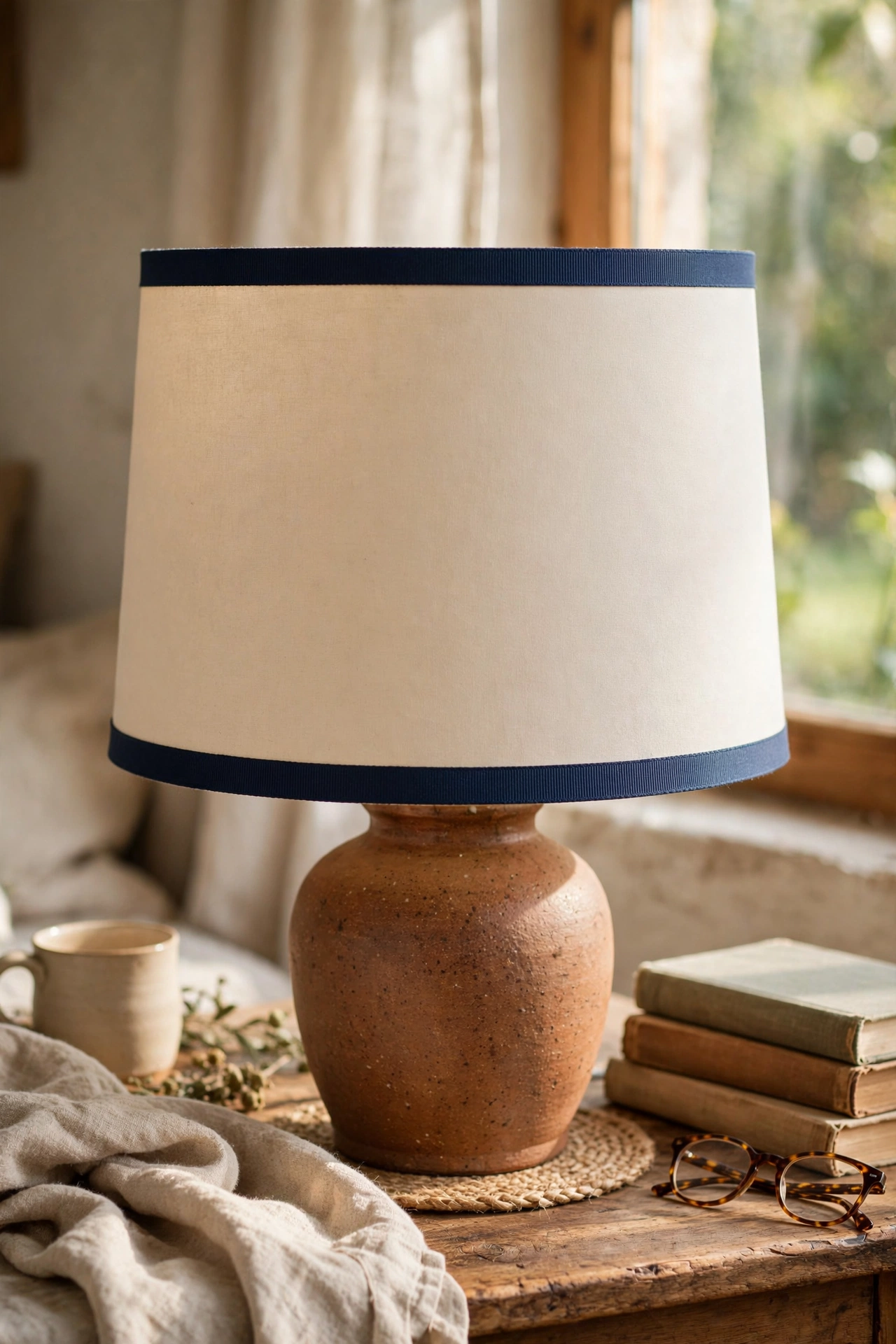 Drum shade trimmed with navy grosgrain ribbon bands