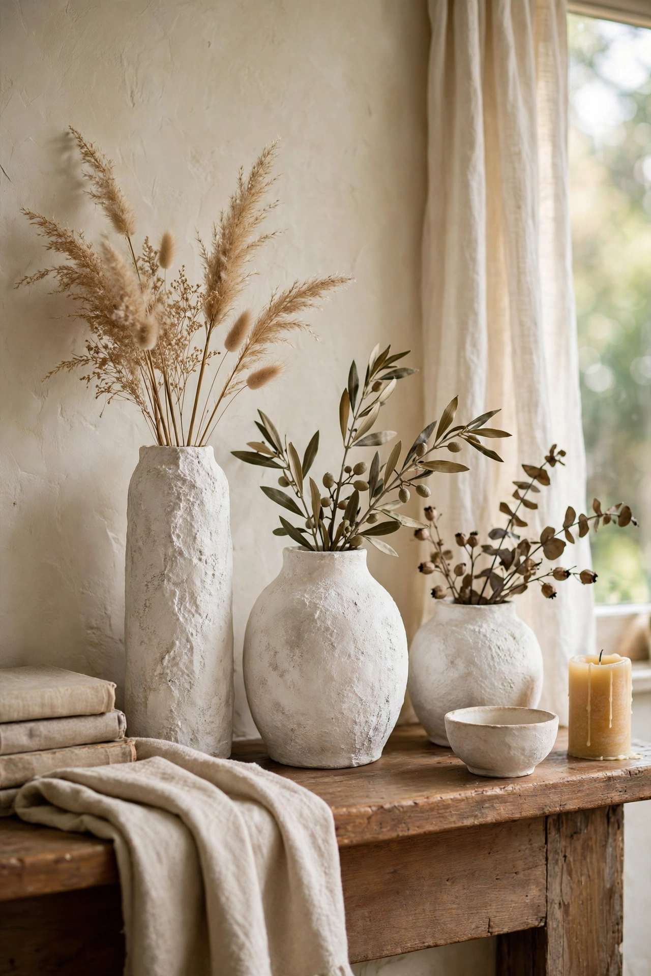 Dollar store vases painted with baking soda ceramic texture
