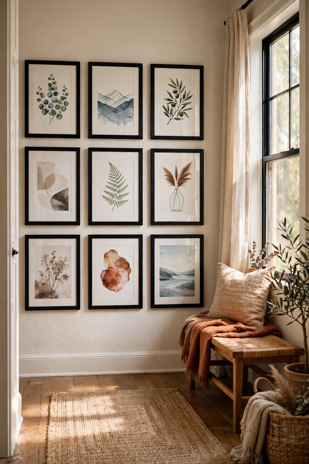 Hallway gallery wall of matching black dollar store frames