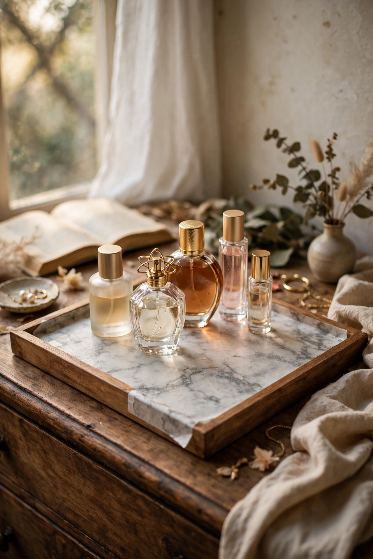 Wooden tray covered in marble contact paper holding perfume bottles