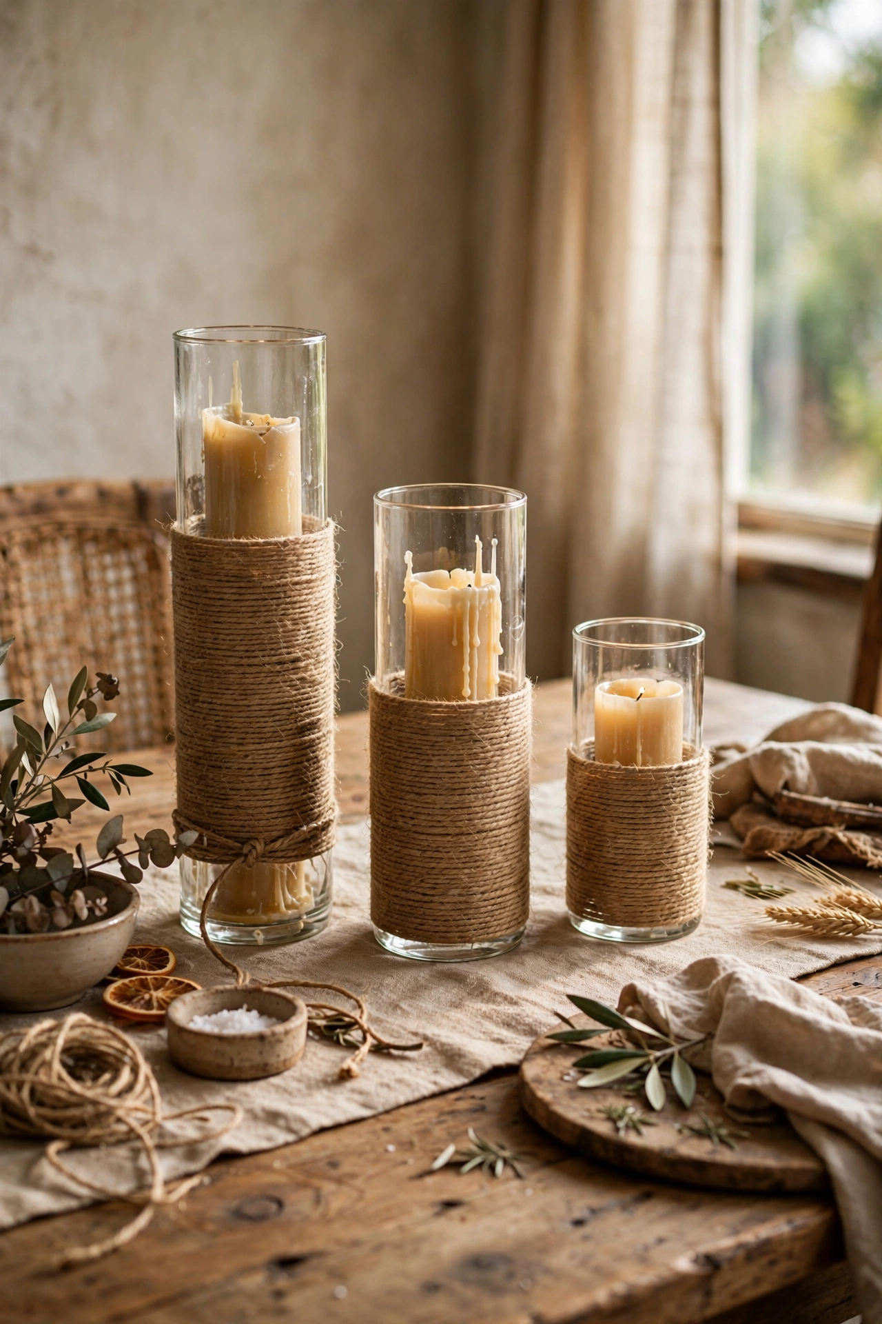 Glass candle holders wrapped in jute twine on a dining table