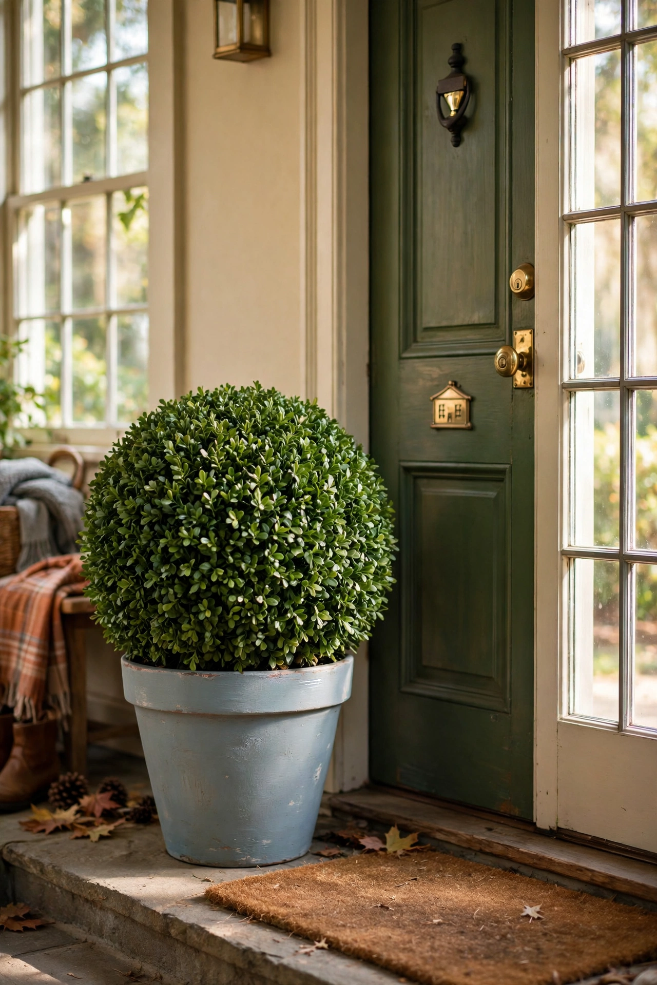 Faux boxwood topiary in a painted pot by a front door