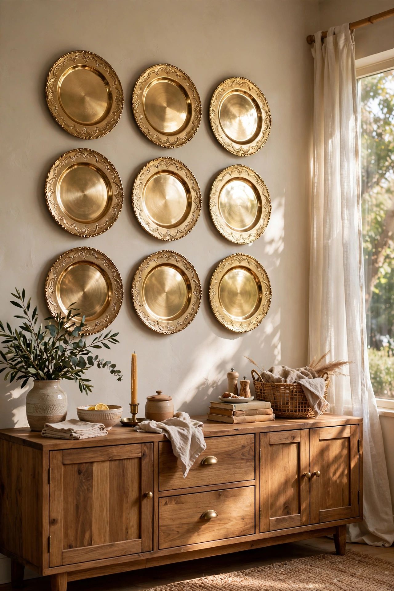 Gold charger plates hung as wall art above a sideboard