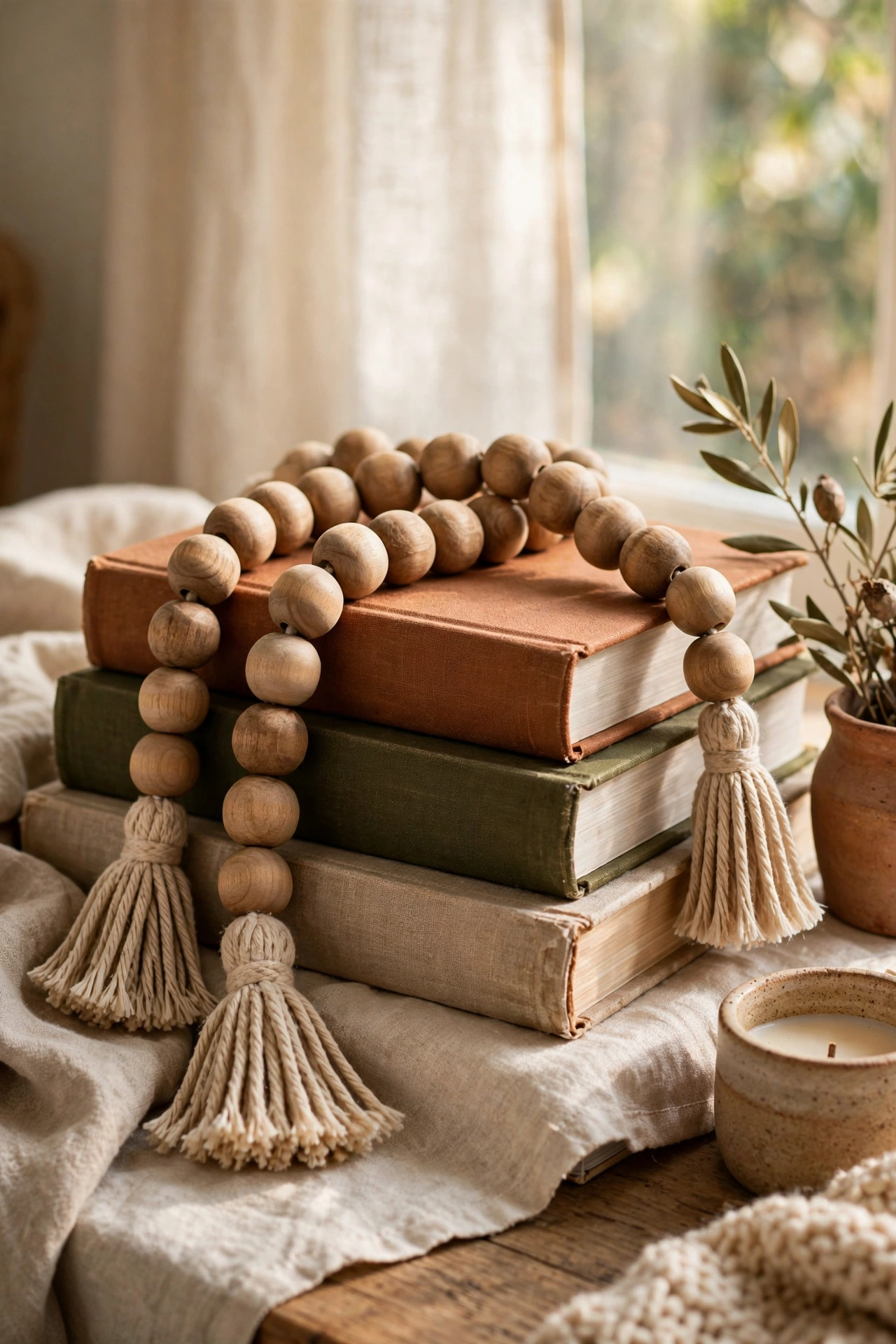 Chunky wooden bead garland draped over a stack of books