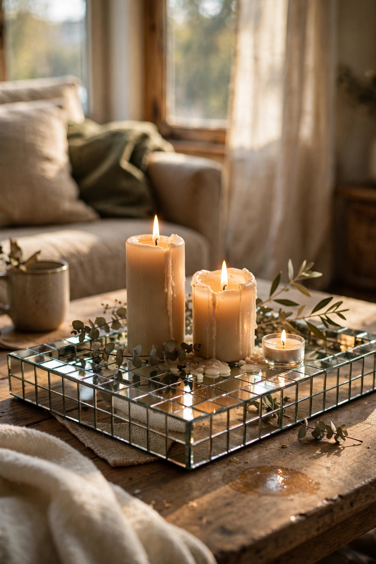 Mirrored tray made from mirror tiles with candles on a coffee table