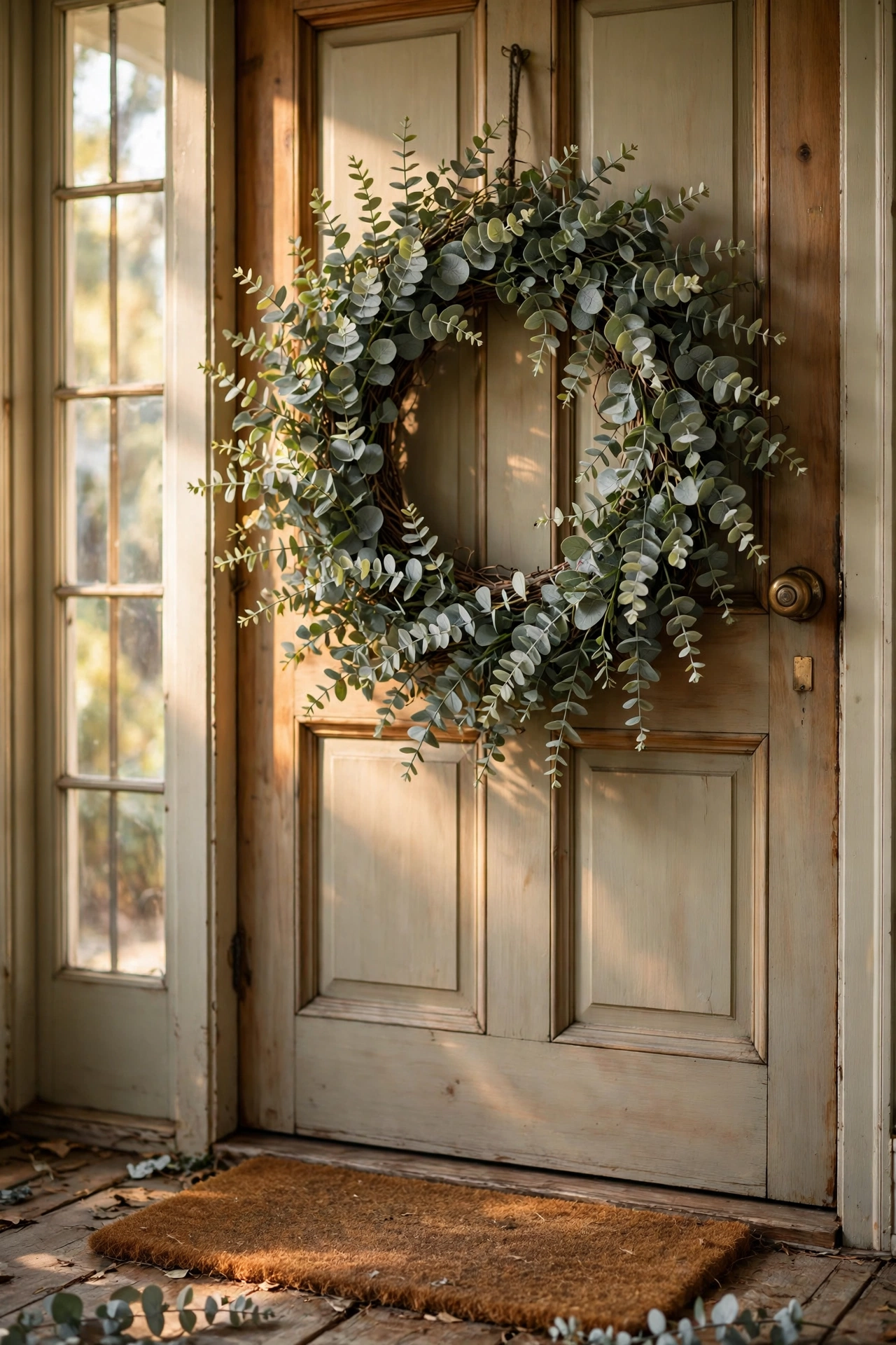 Faux eucalyptus wreath on a grapevine base hanging on a door