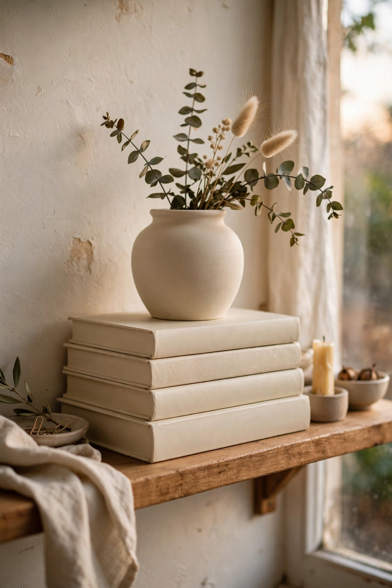 Stack of hardback books spray painted matte cream on a shelf