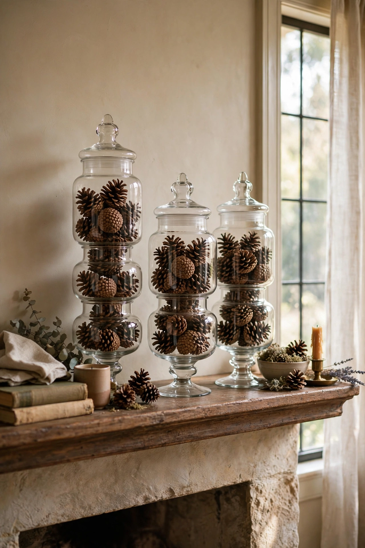 Glass apothecary jars made from stacked vases on a mantel