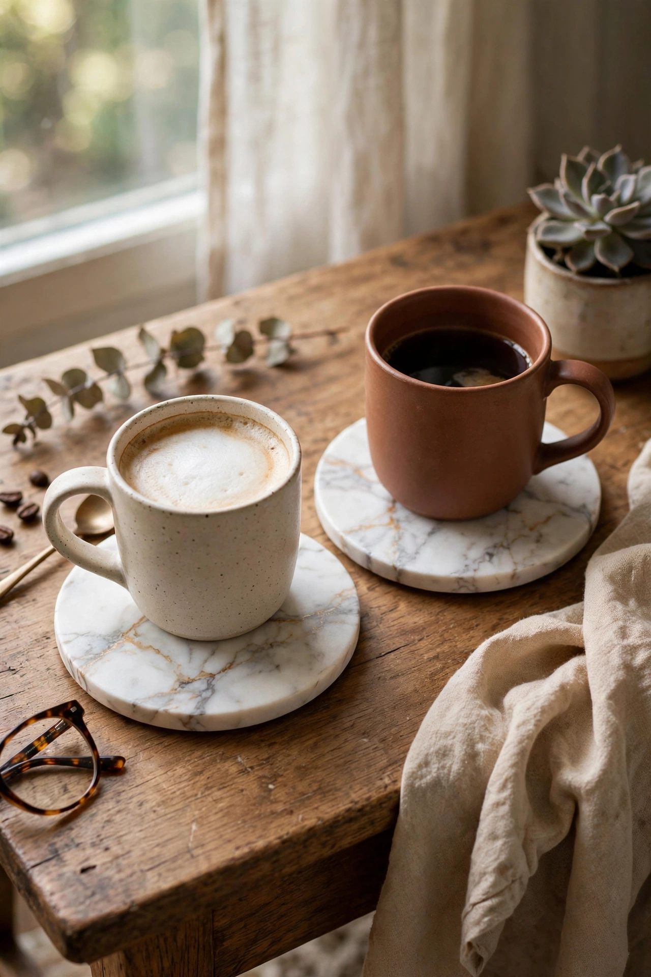 Faux marble coasters under mugs on a side table