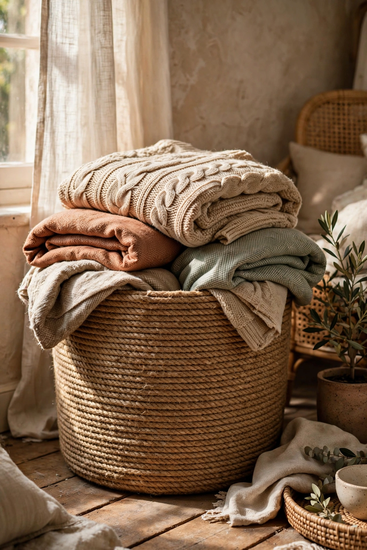 Plastic laundry basket wrapped in jute rope holding blankets