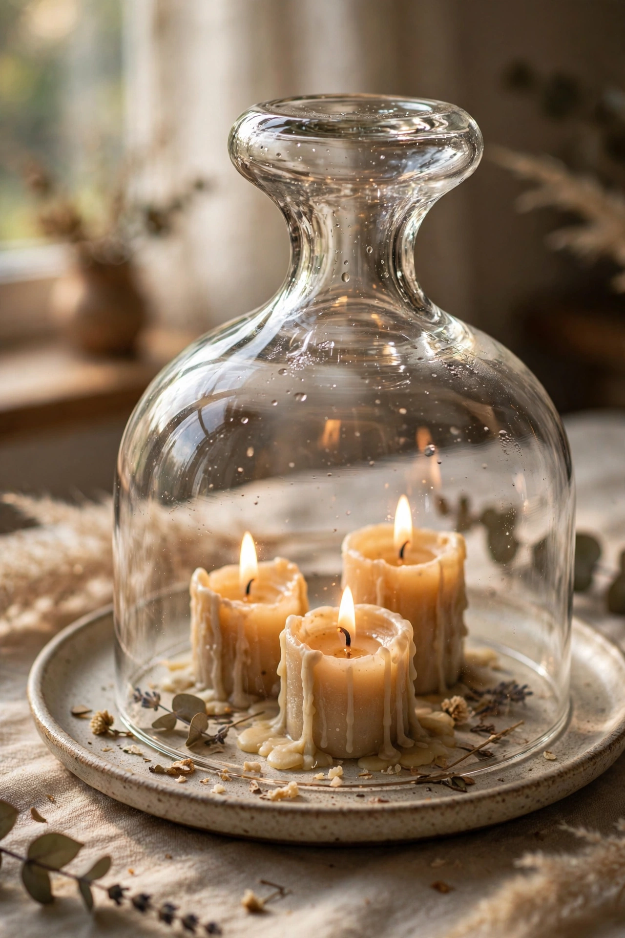 Glass cloche made from a vase displaying candles on a plate
