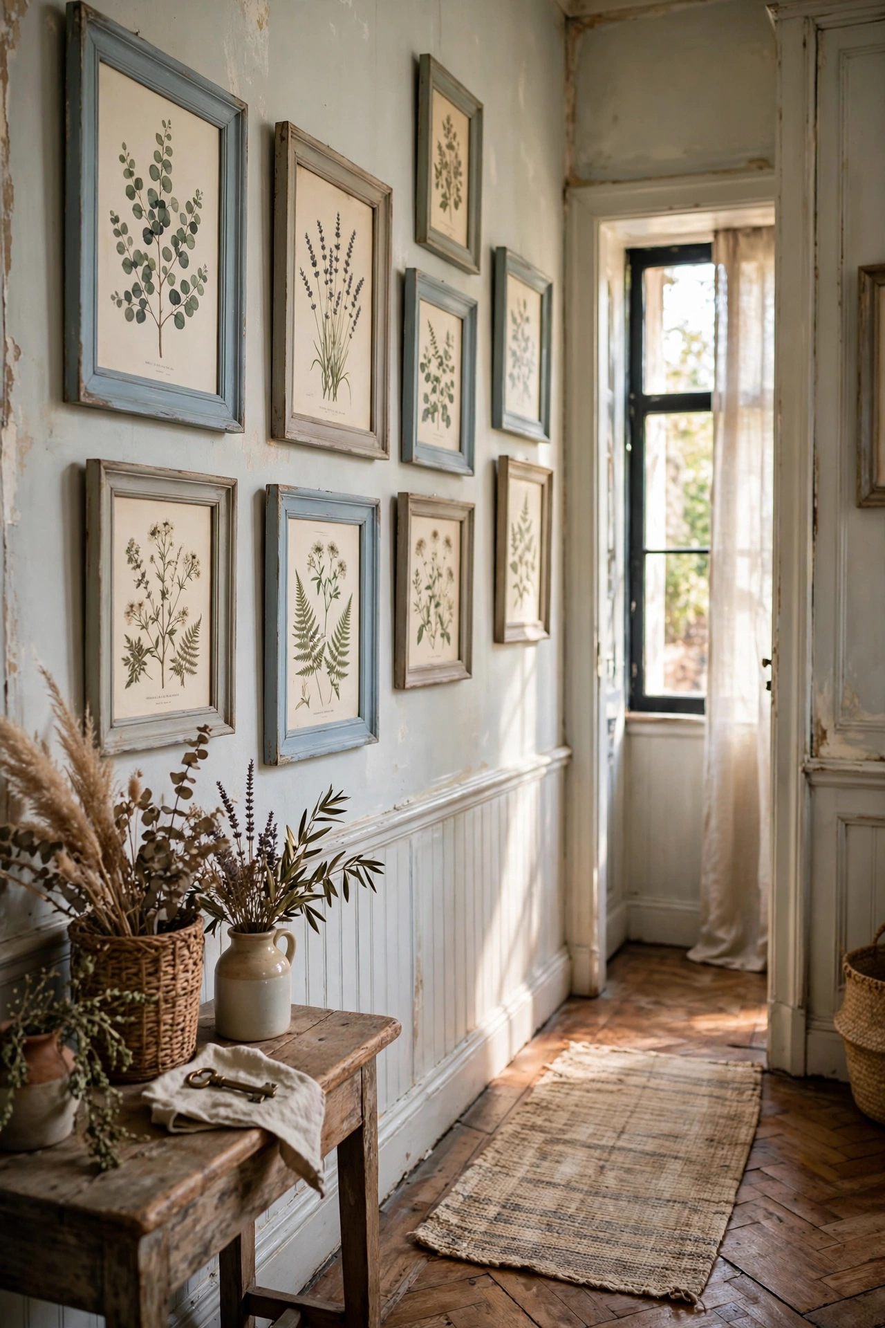 Chalk painted vintage-finish frames with botanical prints