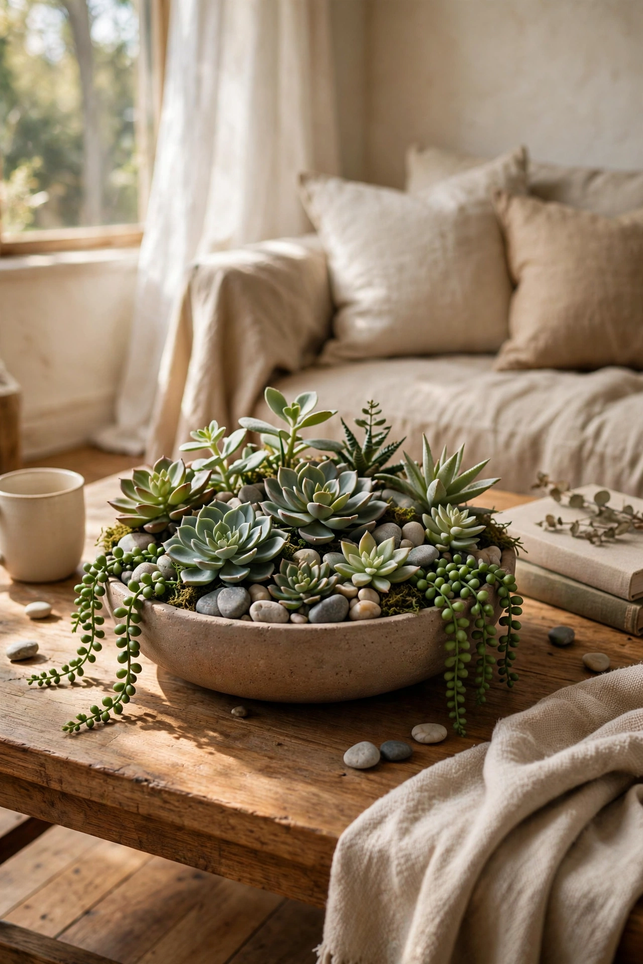 Low bowl of faux succulents as a coffee table centrepiece