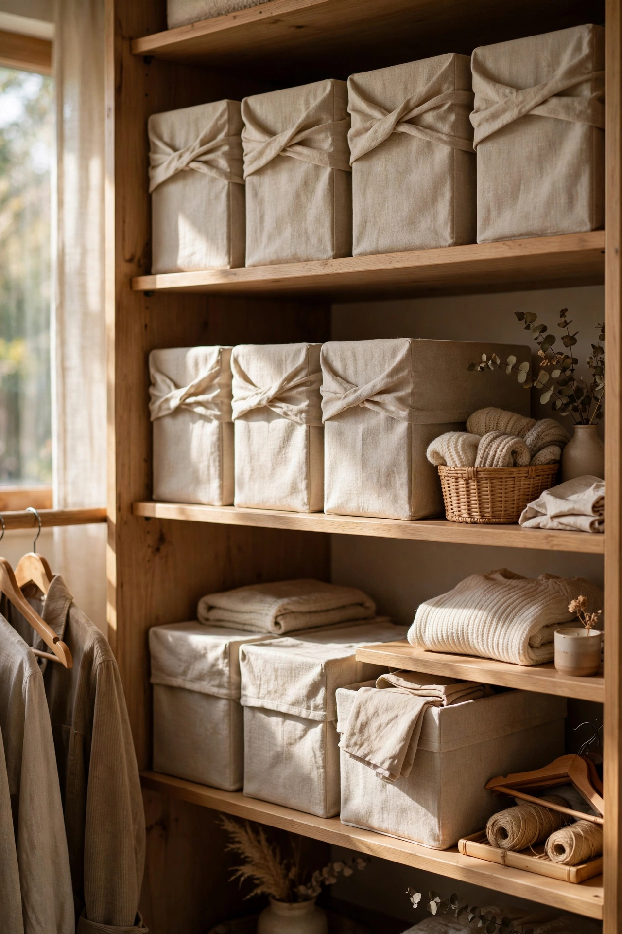 Cardboard storage boxes covered in linen fabric on wardrobe shelves