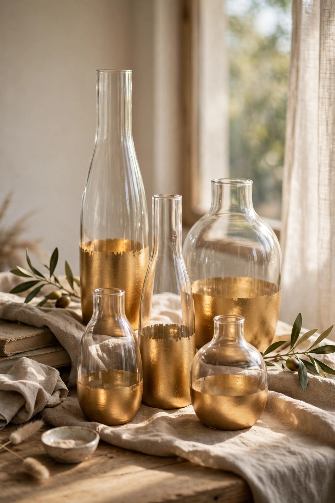 Glass vases with gold dipped bottoms grouped on a table