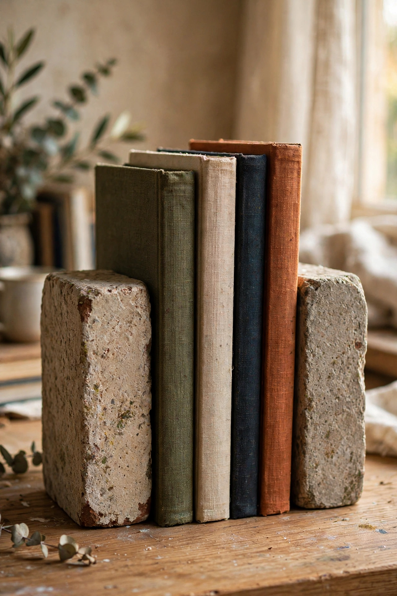 Bricks painted like stone used as bookends for art books
