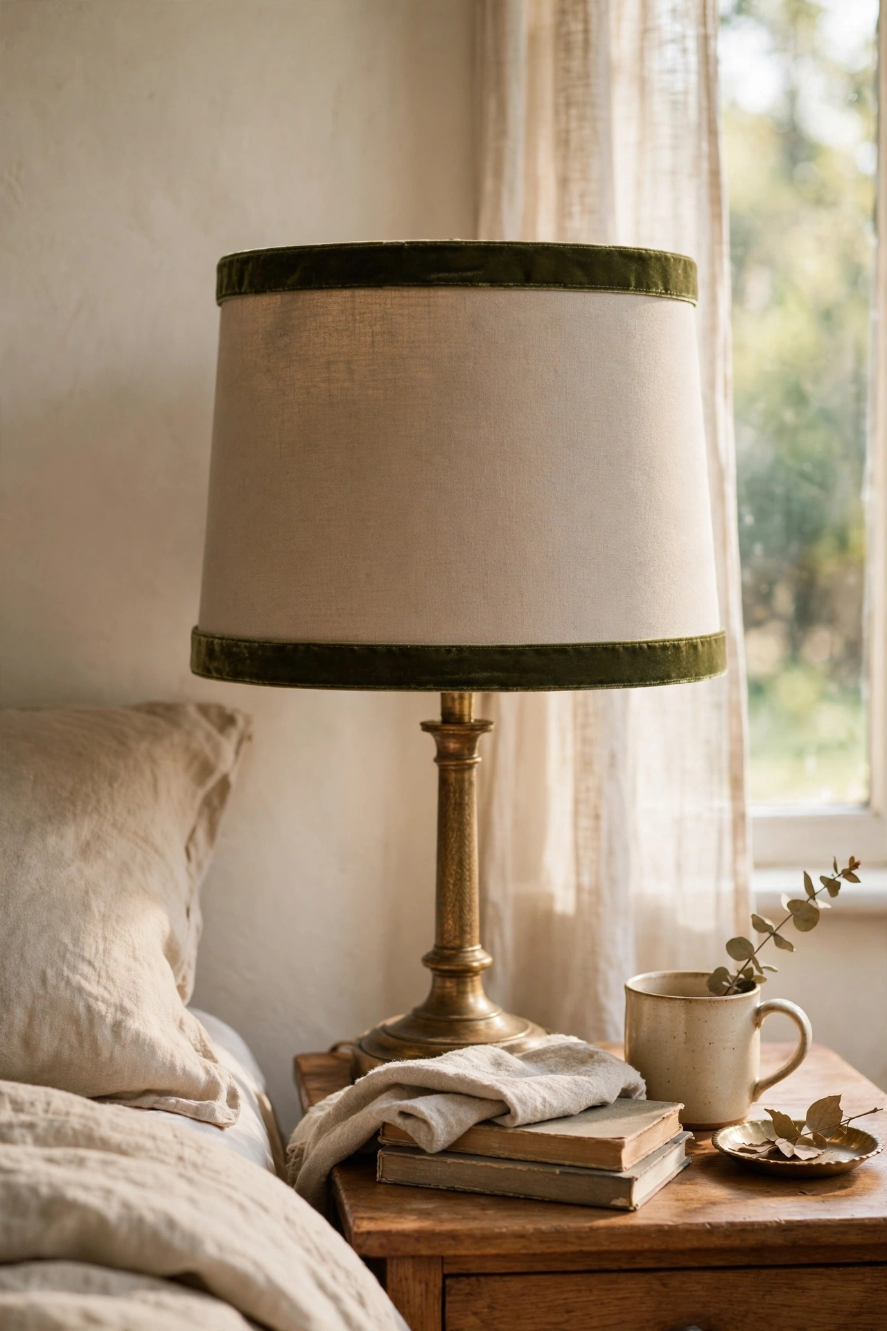 Plain lampshade trimmed with velvet ribbon top and bottom