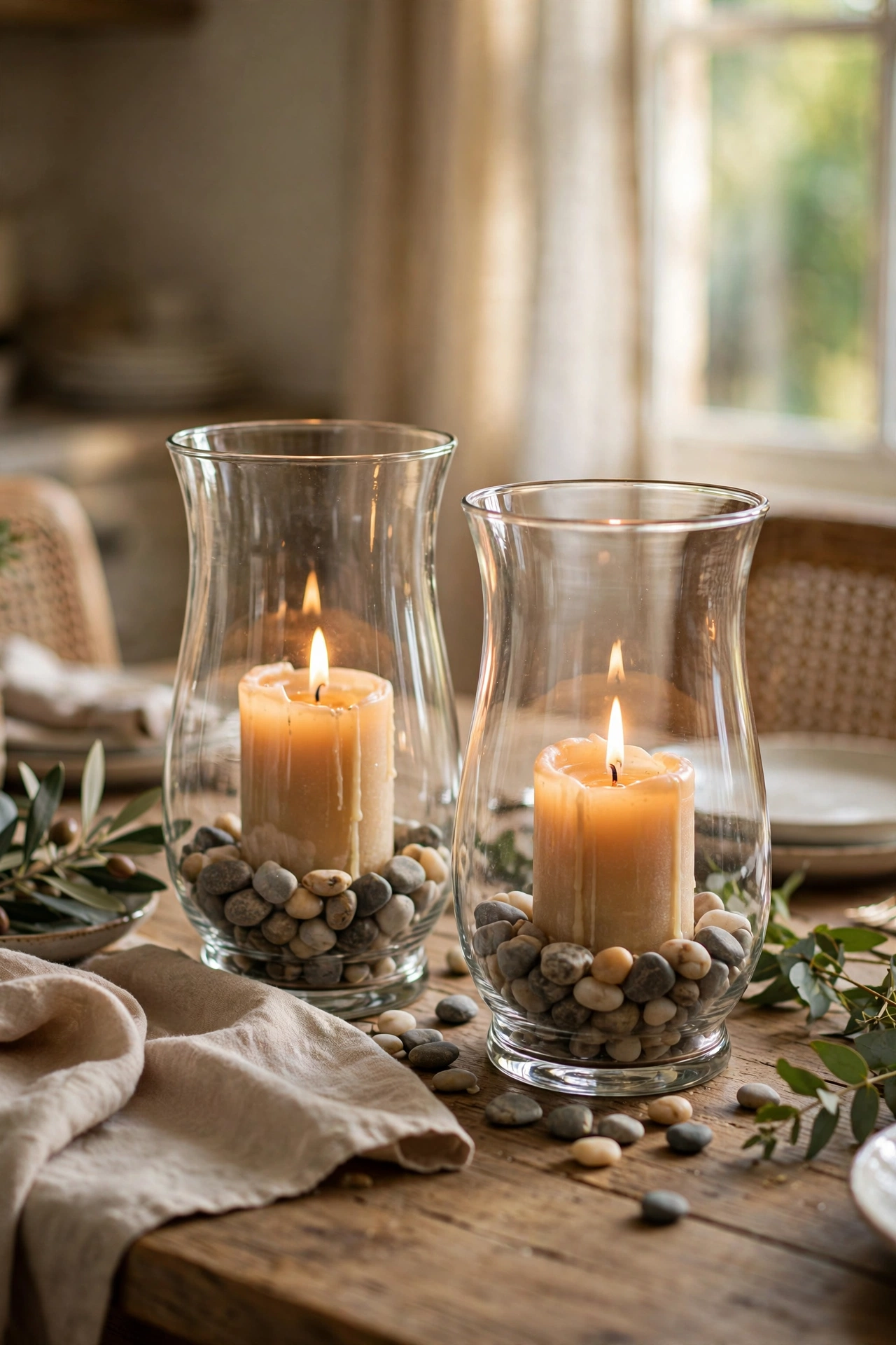Glass hurricane candle holders with pillar candles on a dining table
