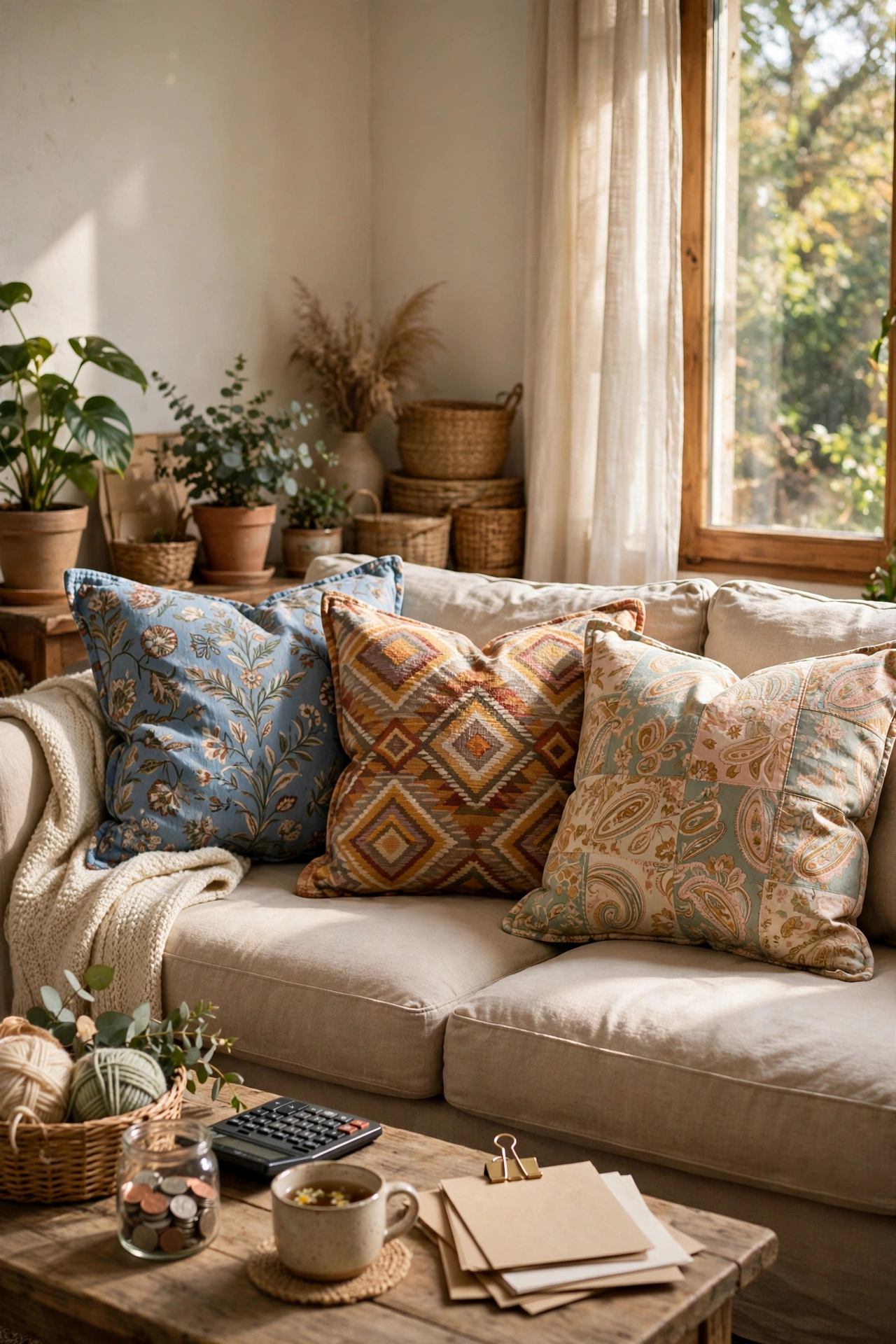 No-sew pillow covers in pretty fabric on a sofa