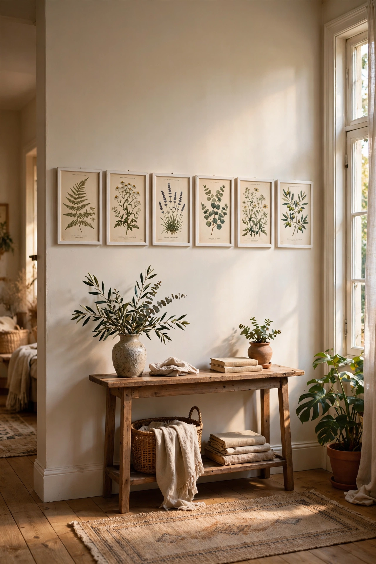 Row of framed free botanical prints in white frames