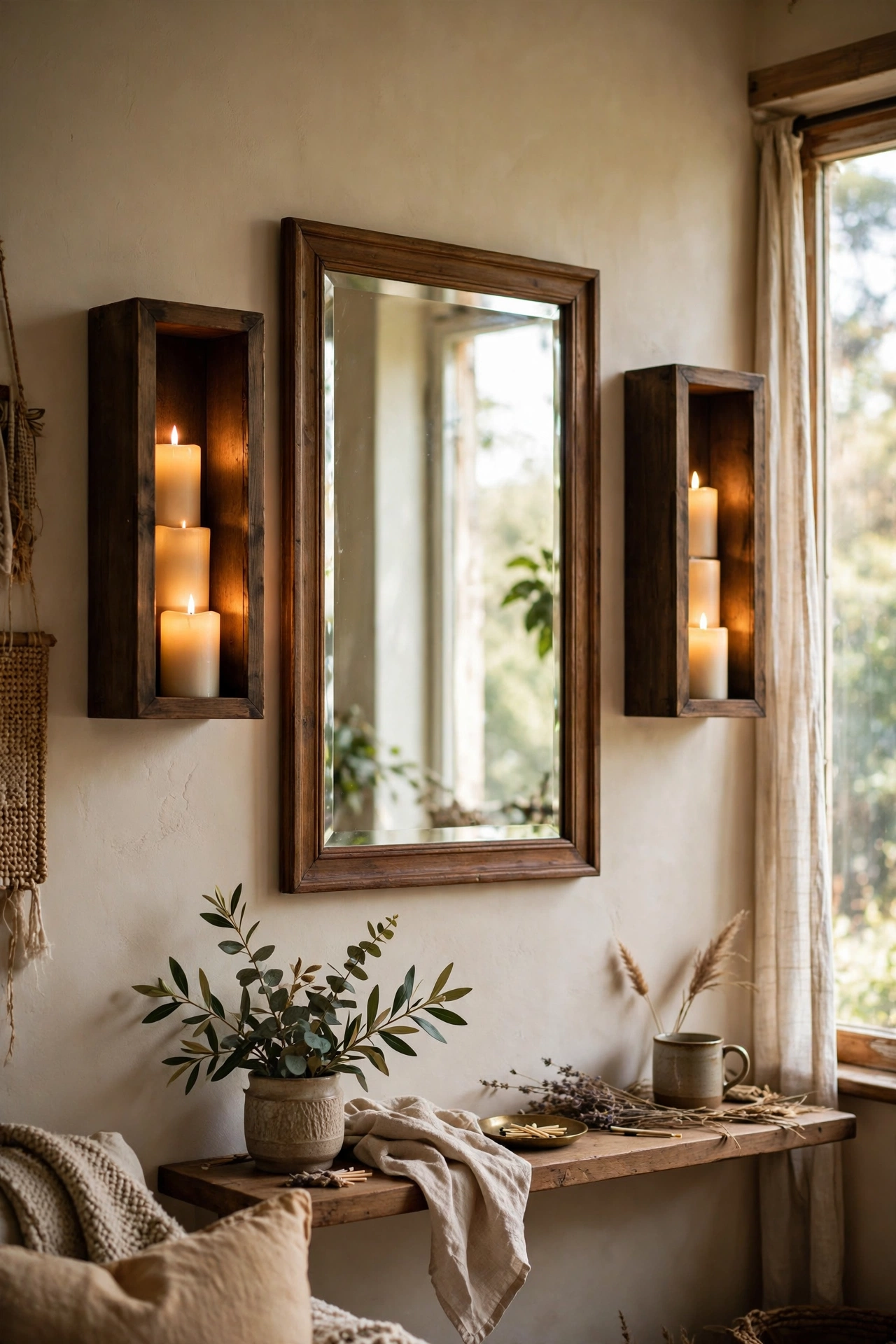 Deep box frames with battery candles as glowing wall sconces