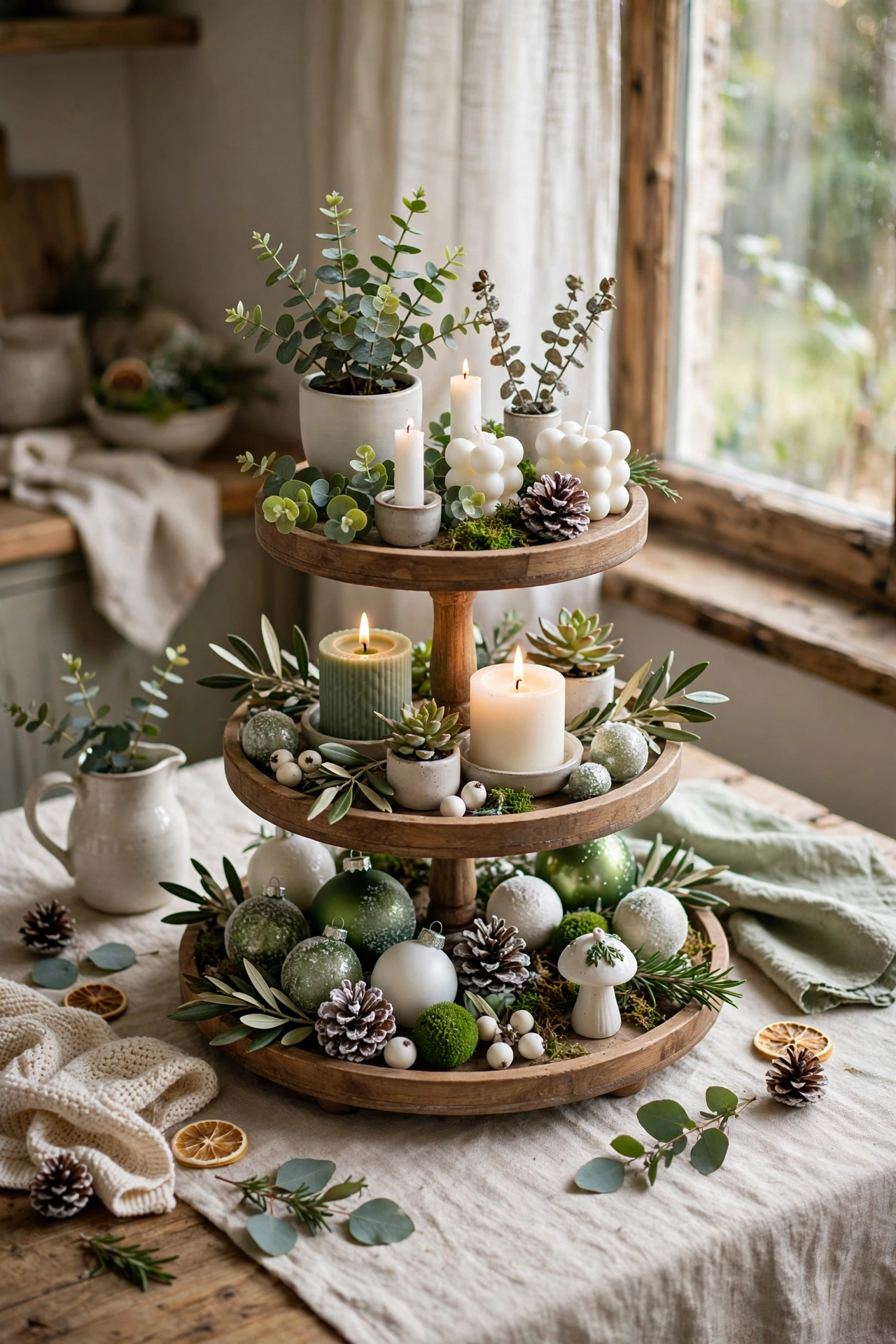 Tiered tray styled with dollar store plants and candles