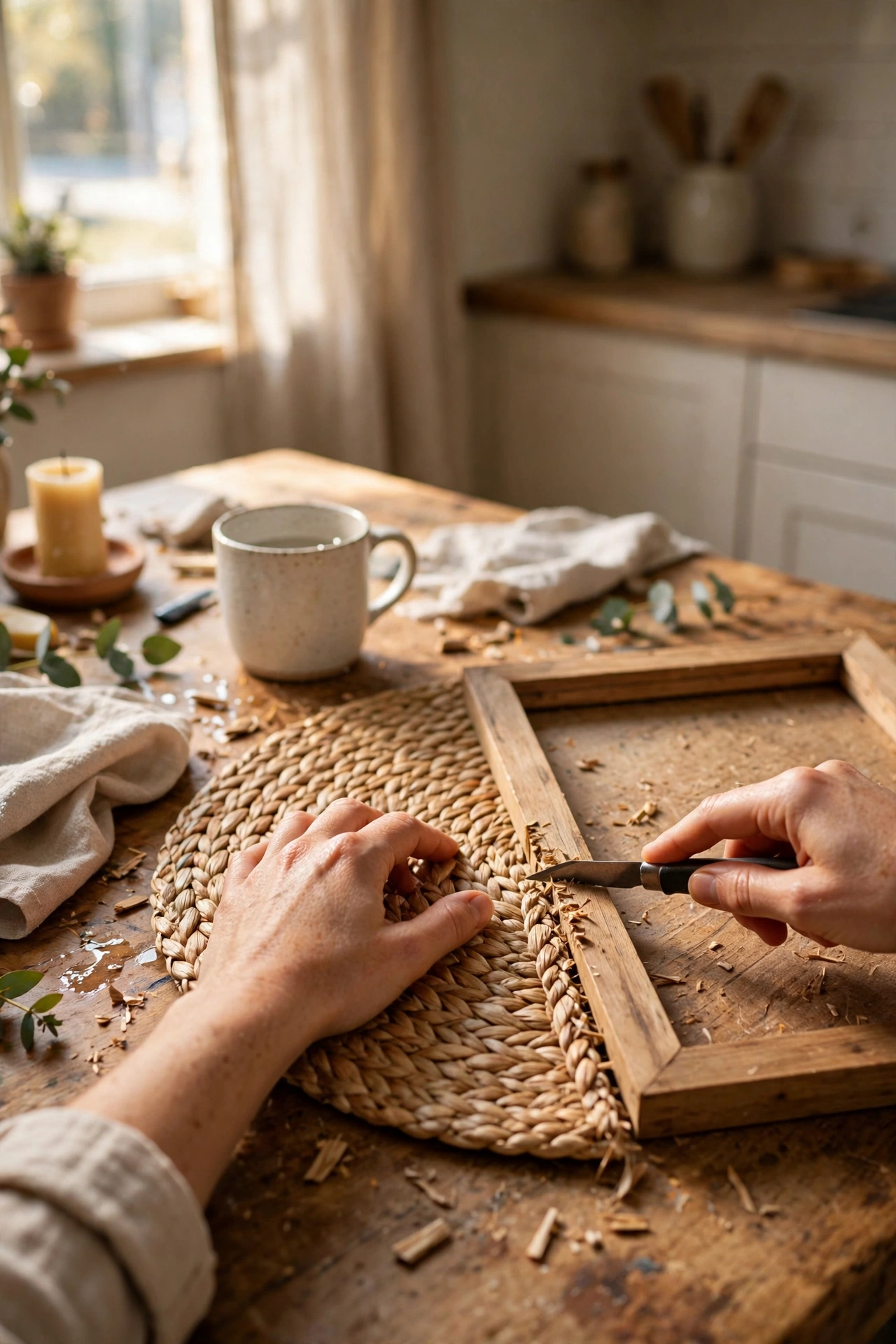 Woven seagrass placemat cut as a picture frame mount