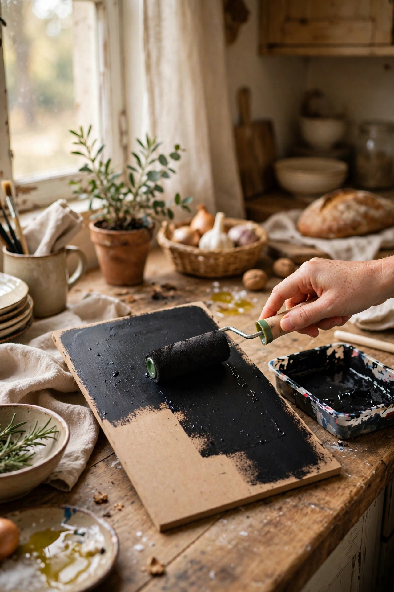 Chalkboard painted frame backing used as a kitchen memo board